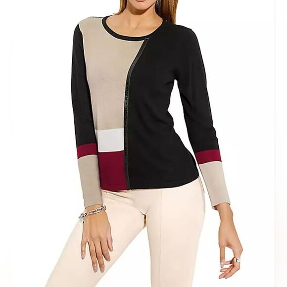 Creation L 8 Black Lngslvs Colorblock MERINO WOOL Blend Women's Sweater - Picture 1 of 10